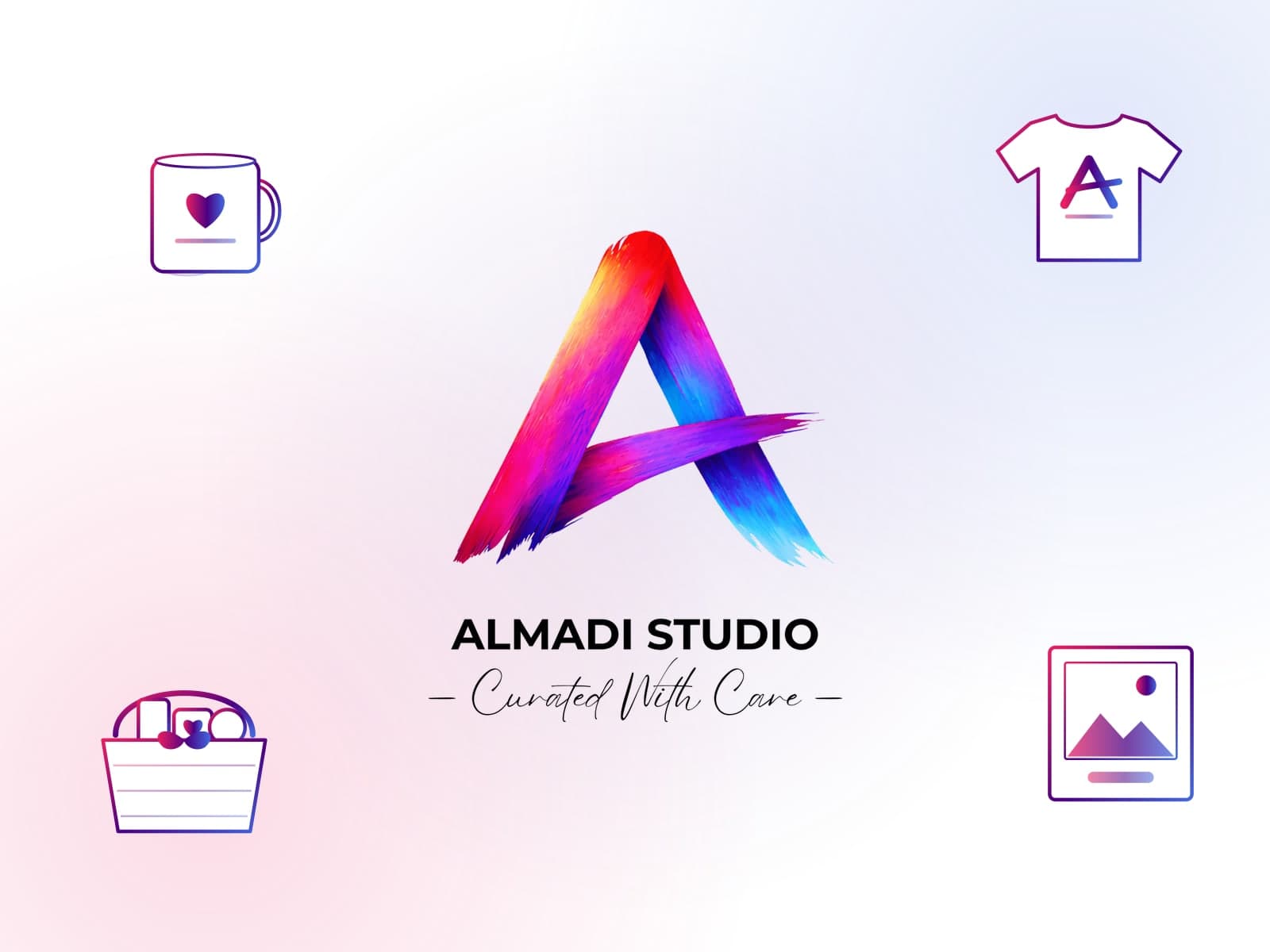 Almadi Studio brushstroke logo with a spread of personalised gifts